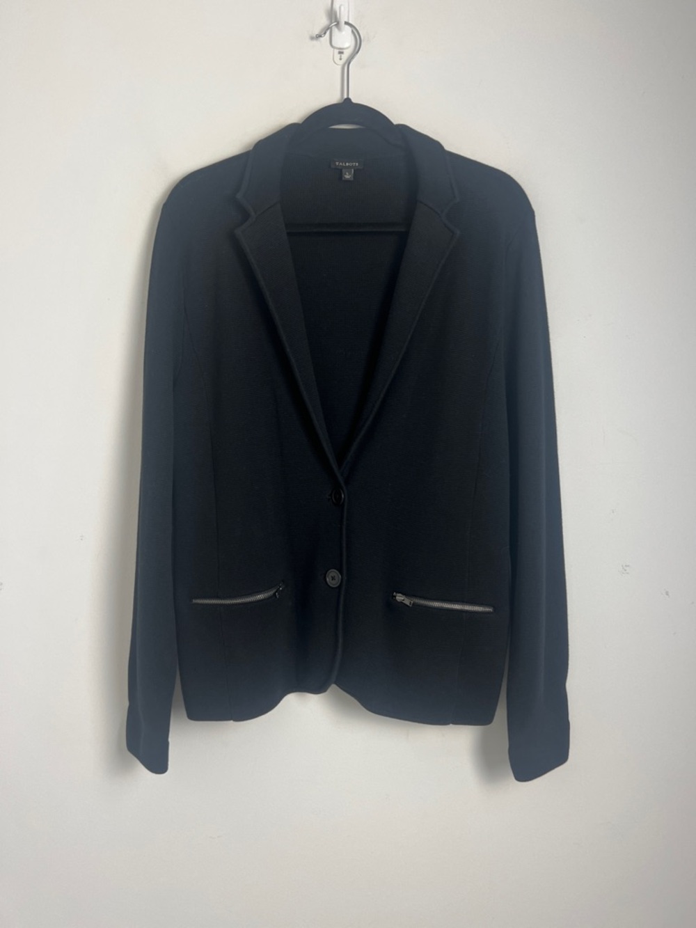 NWOT Talbots Large Black Knit‎ Single Breasted Sweater Blazer Zip-Pocket Detail